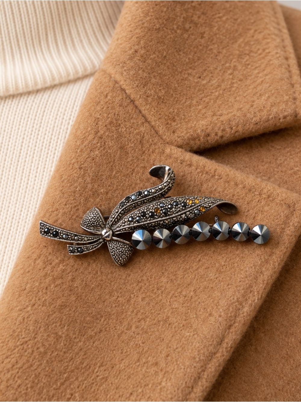 Vintage Rhinestone Bow Brooch Pin Hematite Silver Tone Mid Century 1950s